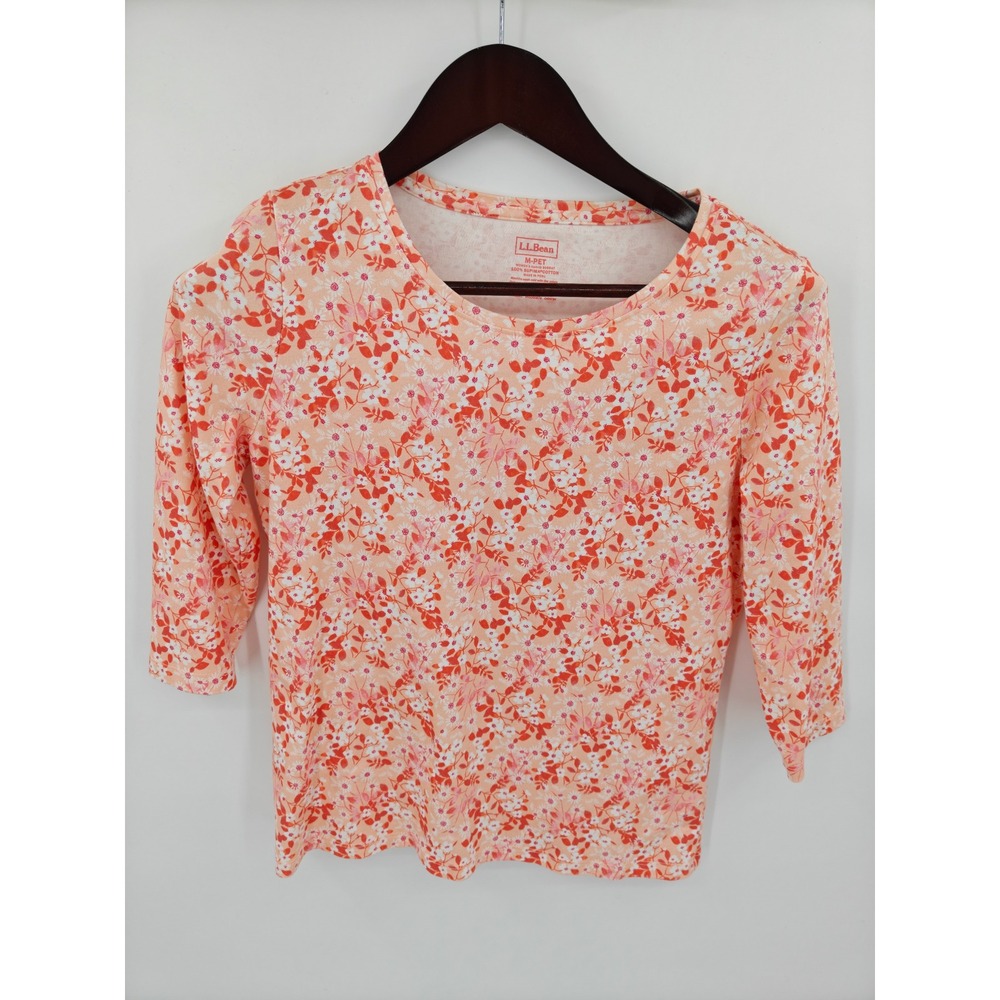 LL Bean Womens Petite Medium Supima Cotton Floral 3/4 Sleeve Top Coral 505547